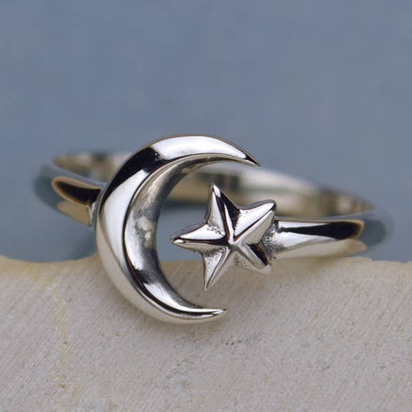 Sterling Silver Adjustable Ring - Moon and Star